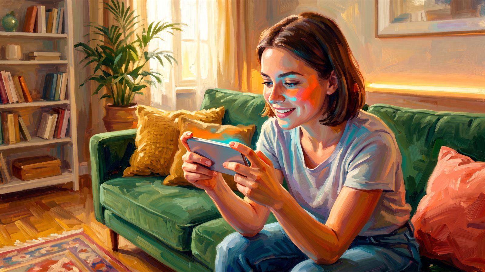 Une joueuse concentrée sur une partie, smartphone tenu à l'horizontale dans un salon coloré