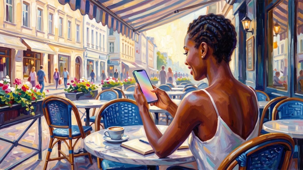 Une femme consulte son smartphone à la terrasse d'un café, en fin d'après-midi ensoleillée