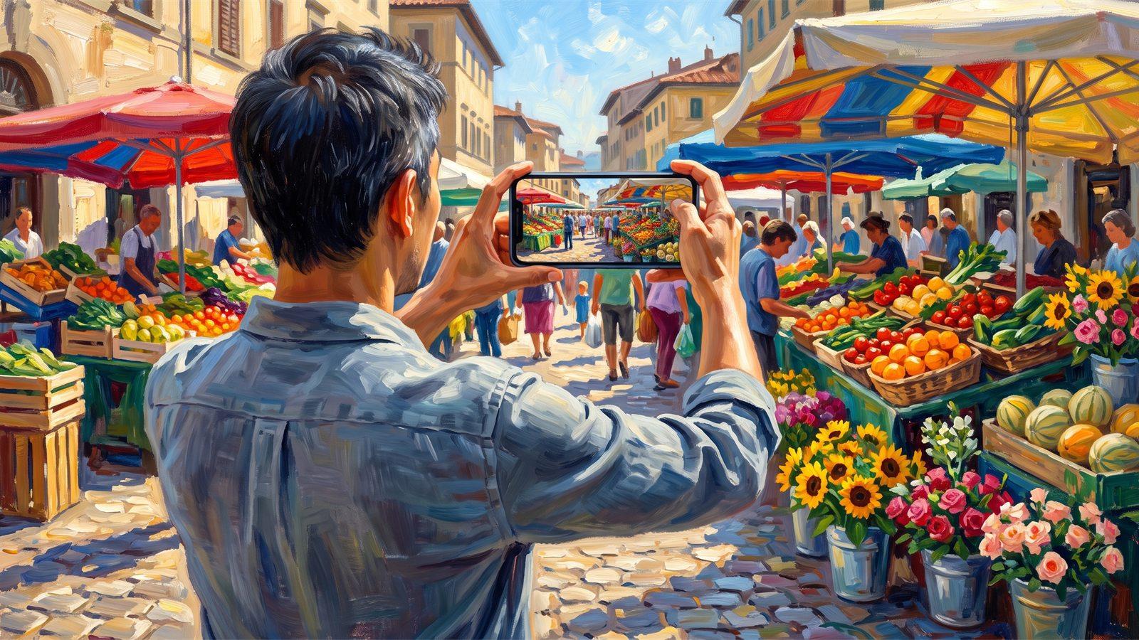 Un photographe cadre un étal de marché avec son smartphone, la scène visible sur son écran