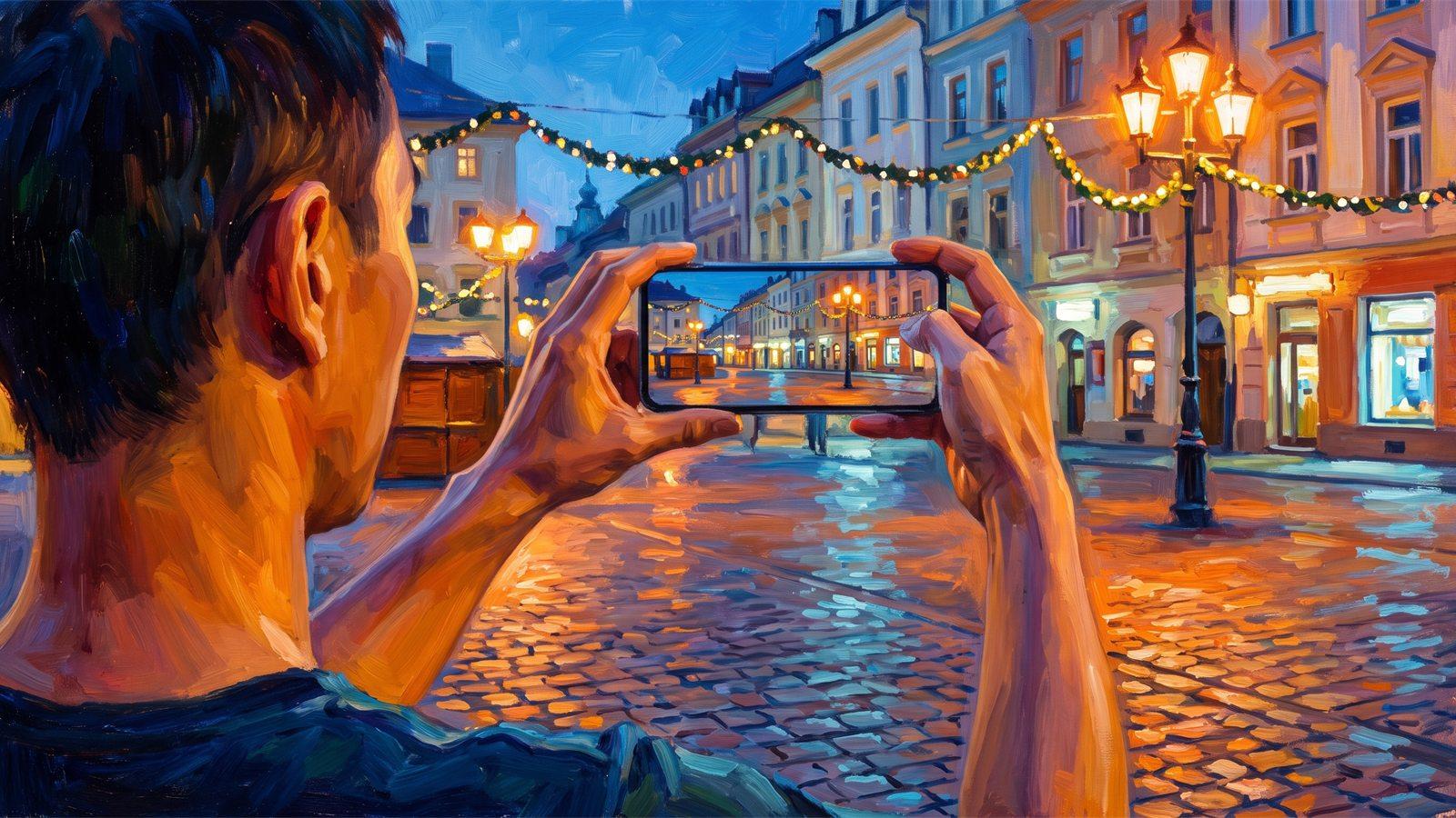 Le même photographe cadre la même place la nuit, la scène éclairée visible sur son écran