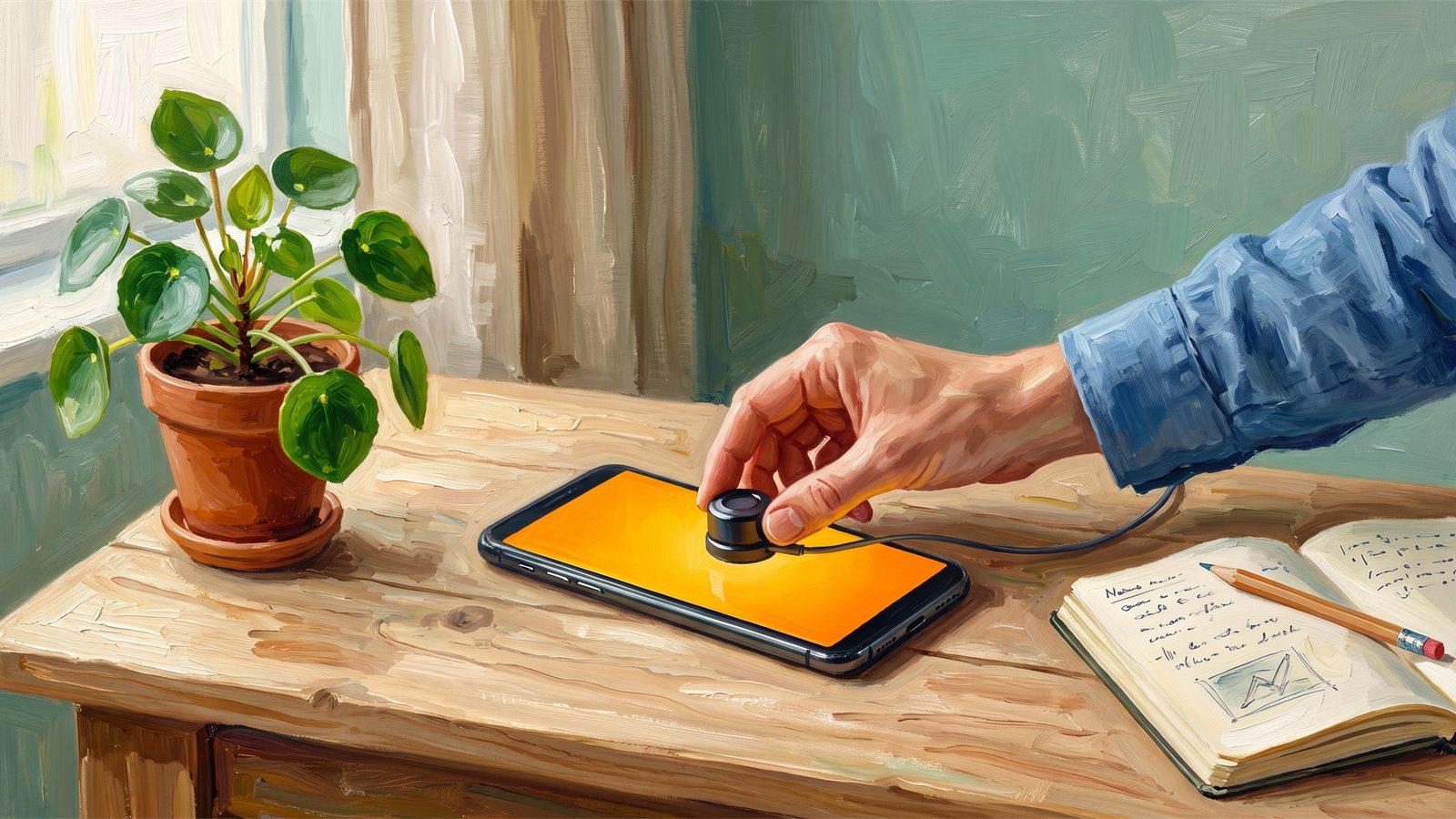 Une sonde colorimétrique posée sur l'écran allumé d'un smartphone, pour mesurer la dalle
