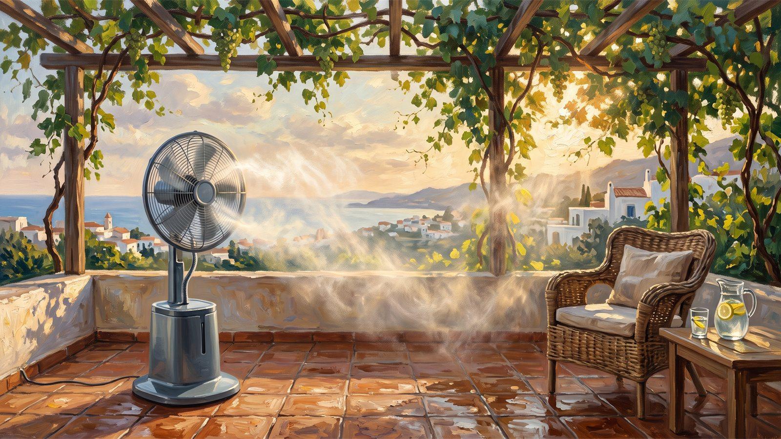 Brume d'un ventilateur brumisateur sur une terrasse sous une treille