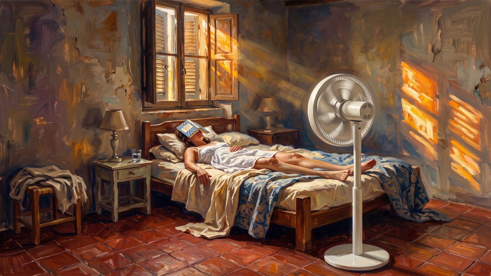 Chambre aux volets mi-clos en pleine canicule, un ventilateur au pied du lit