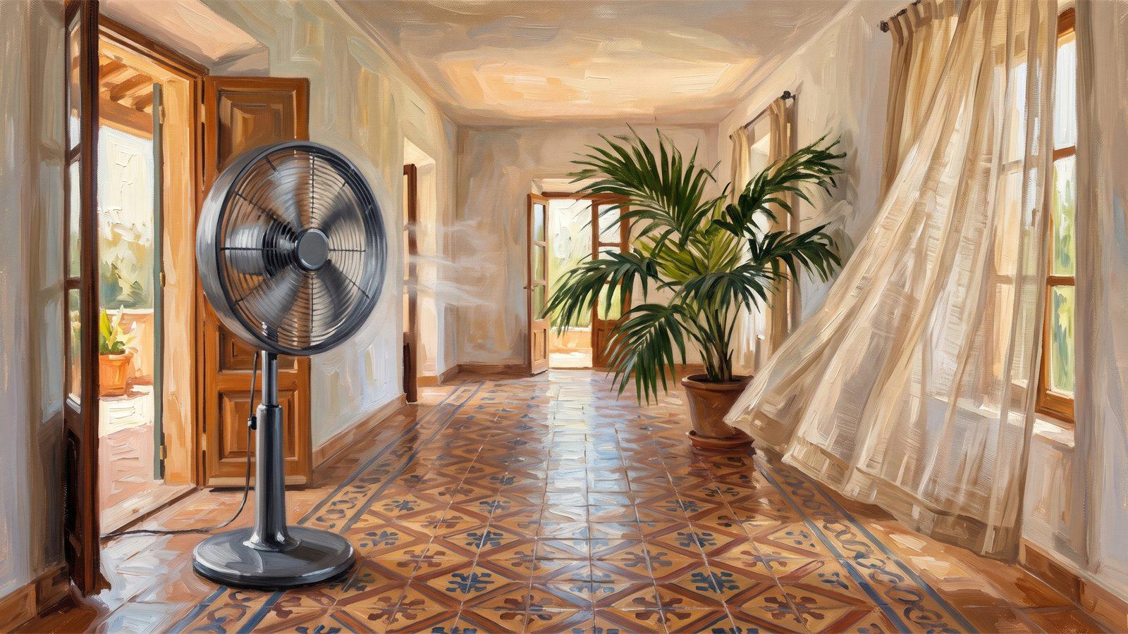 Souffle d'un ventilateur traversant un long couloir et couchant un rideau de lin