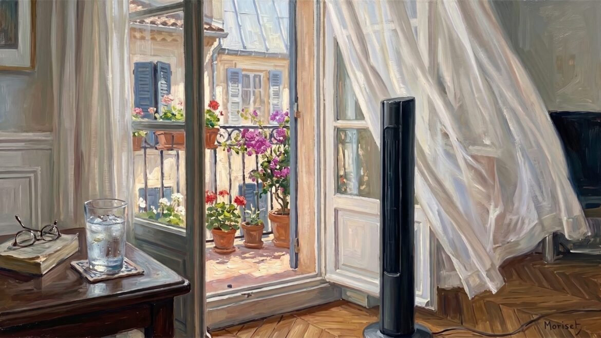 Peinture impressionniste d'un ventilateur colonne soulevant le voilage d'un salon d'été