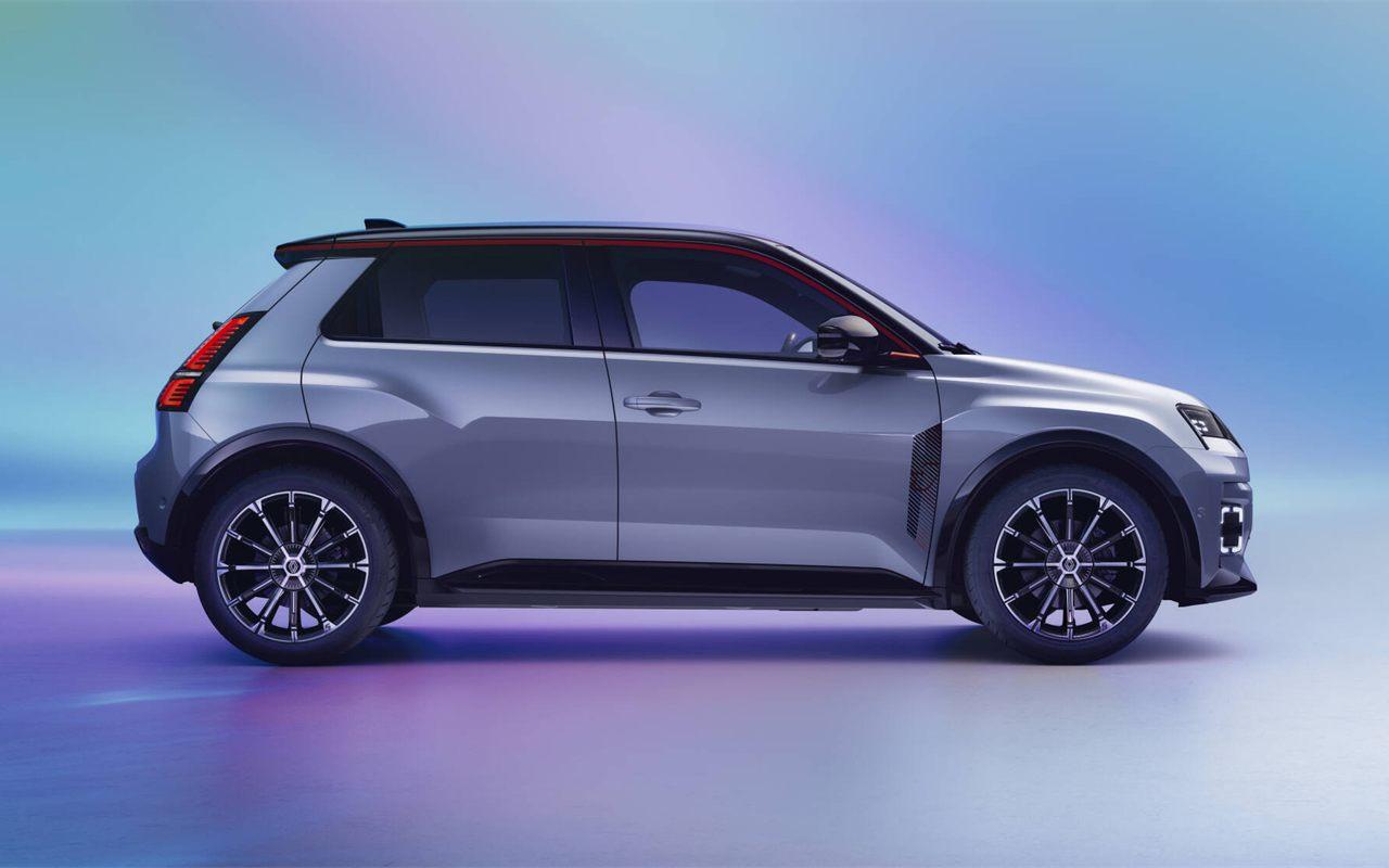 Profil de la Renault 5 E-Tech electric, bas de caisse et retroviseurs redessines