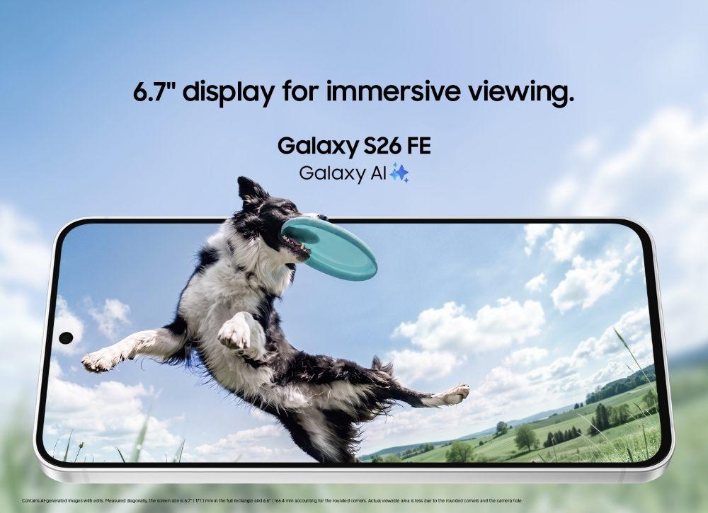 Ecran 6,7 pouces du Samsung Galaxy S26 FE affichant un chien attrapant un frisbee