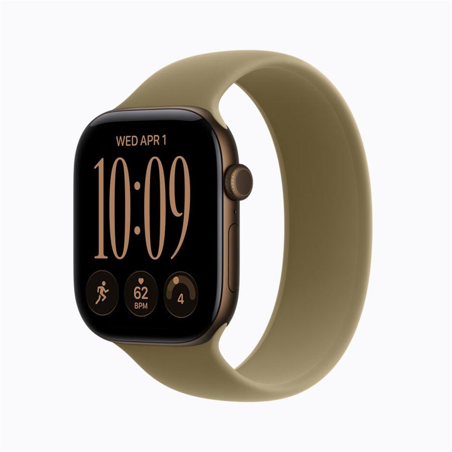 Apple Watch Series 12 en aluminium bronze sombre avec bracelet Sport olive