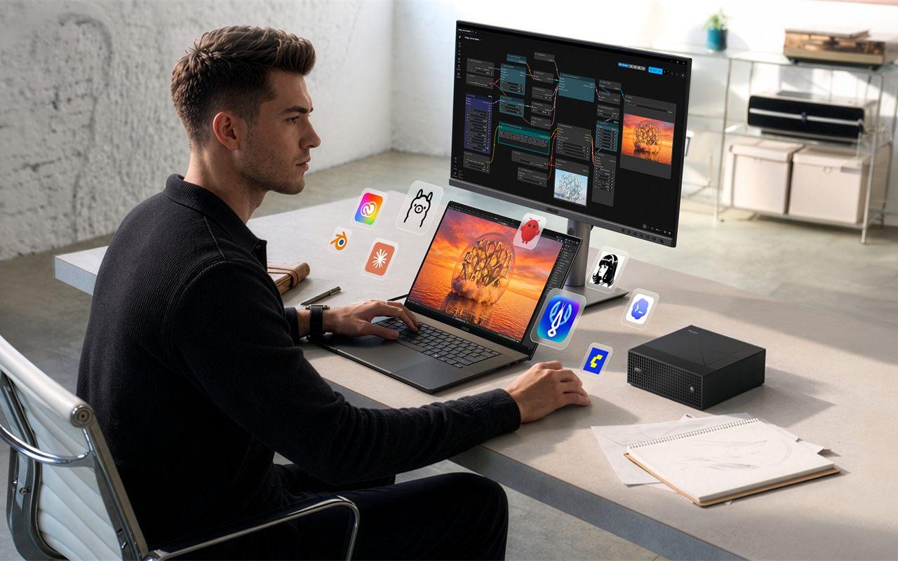 Le mini PC ProArt GR1X posé sur un bureau, à côté de l'ASUS ProArt P16 et d'un écran