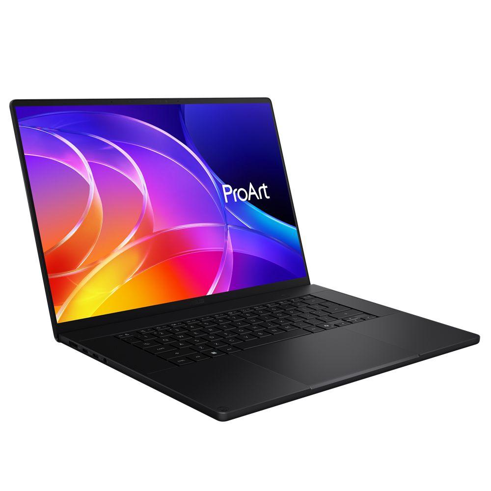 ASUS ProArt P16 ouvert en Nano Black, clavier et pavé tactile haptique