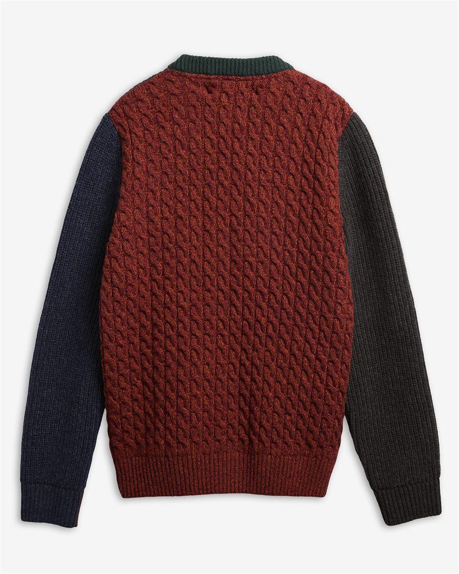 Pull Cable Tyne Barbour x Paul Smith, corps torsadé roux et manches dépareillées