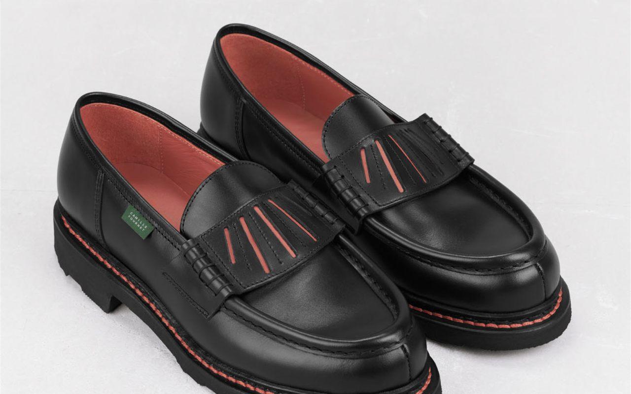 Mocassin Orsay Camille Fournet x Paraboot, bride en French Plissé noir et muscade