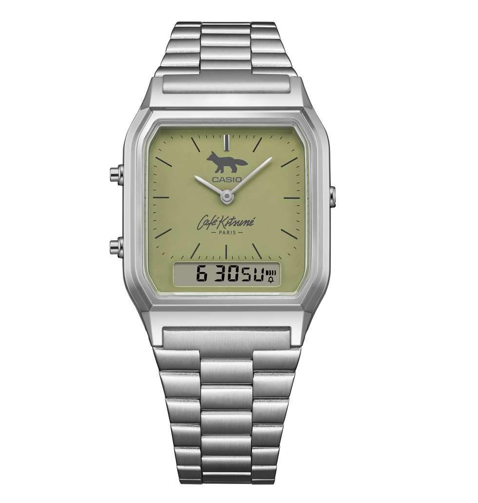 Cadran vert matcha de la Casio AQ-230ECK avec le renard de Café Kitsuné