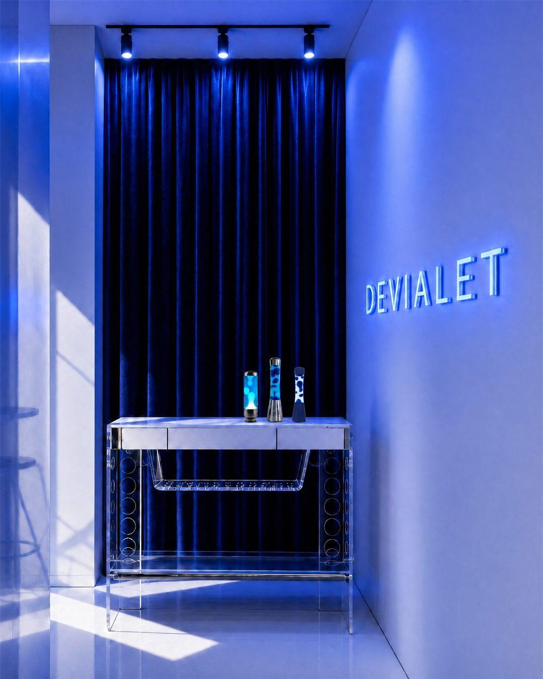 Lampes à lave posées sur une console, sous les lettres Devialet, à l'entrée bleue