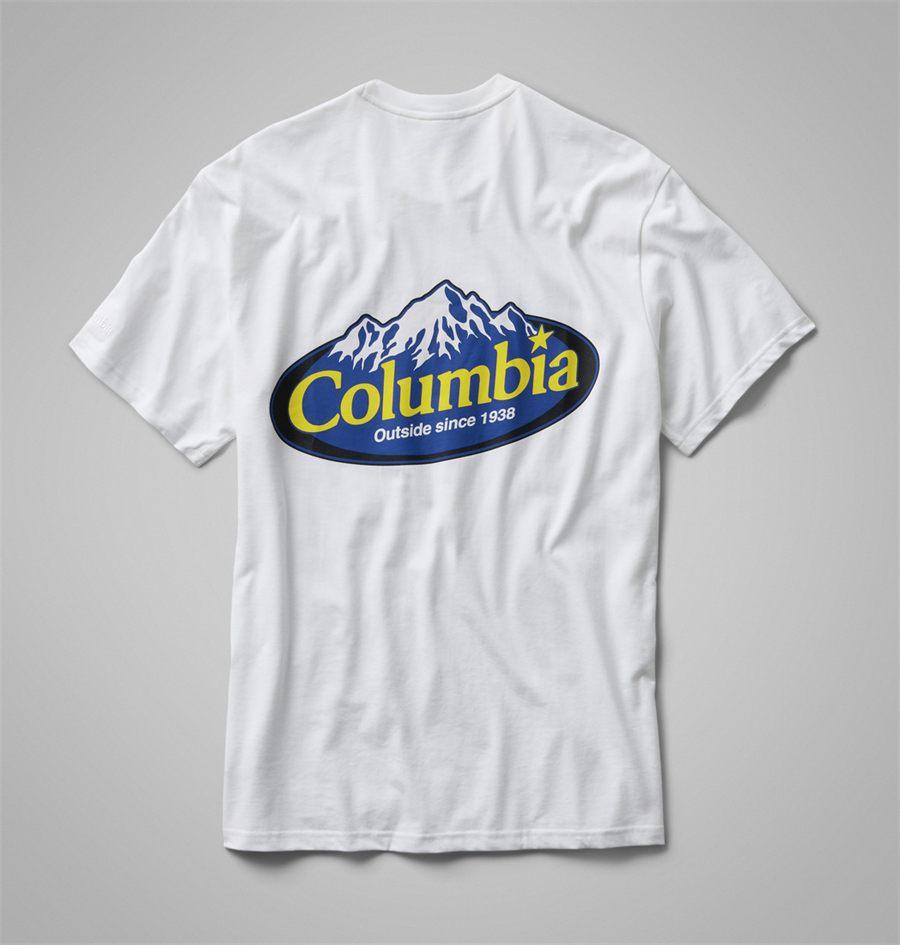 T-Shirt Graphique Épais blanc vu de dos, grand ovale montagne Columbia Outside since 1938