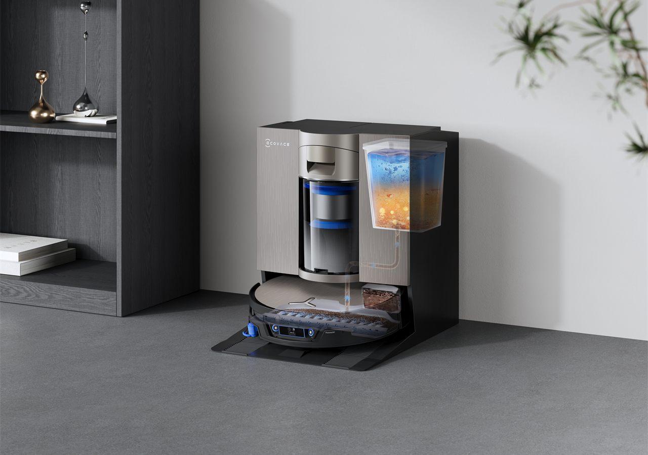 La station OmniCyclone du DEEBOT X12S d'ECOVACS, avec son bac cyclonique sans sac