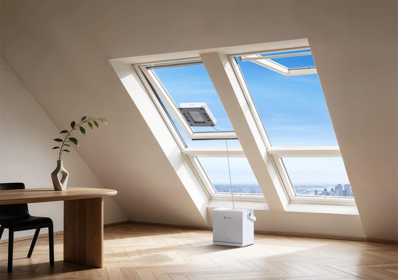 Le WINBOT W2S PRO OMNI d'ECOVACS nettoie un velux dans une pièce sous les combles
