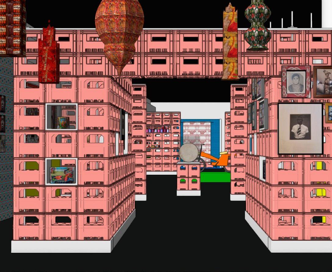 Scénographie de l'exposition Hassan Hajjaj, murs de caisses de boissons roses