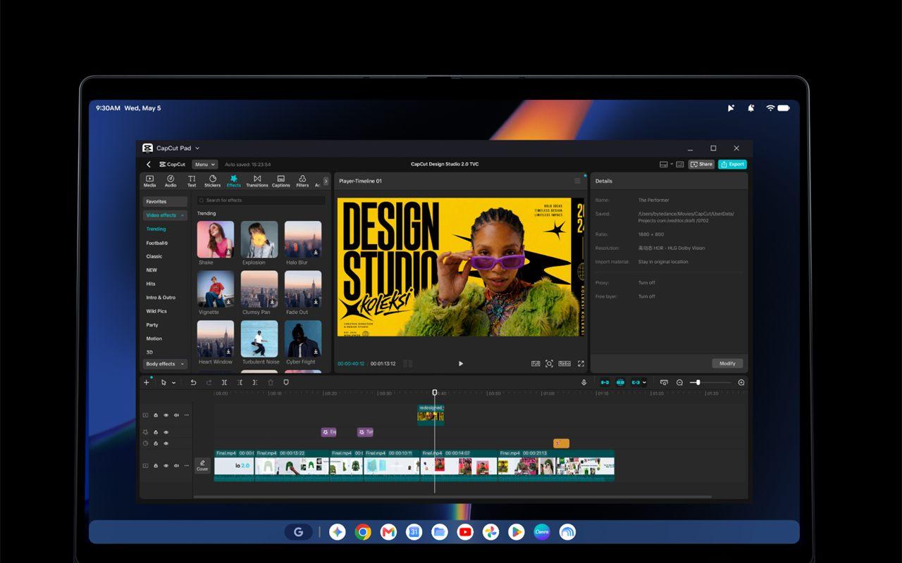 Montage vidéo dans CapCut sur un Googlebook, dock d'applications Google en bas de l'écran
