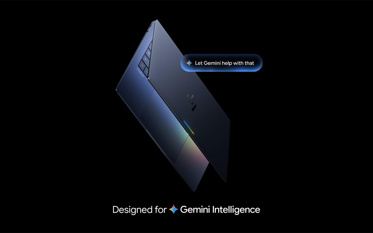 Le Googlebook ouvert, barre lumineuse et pavé tactile irisé, avec une invite Gemini
