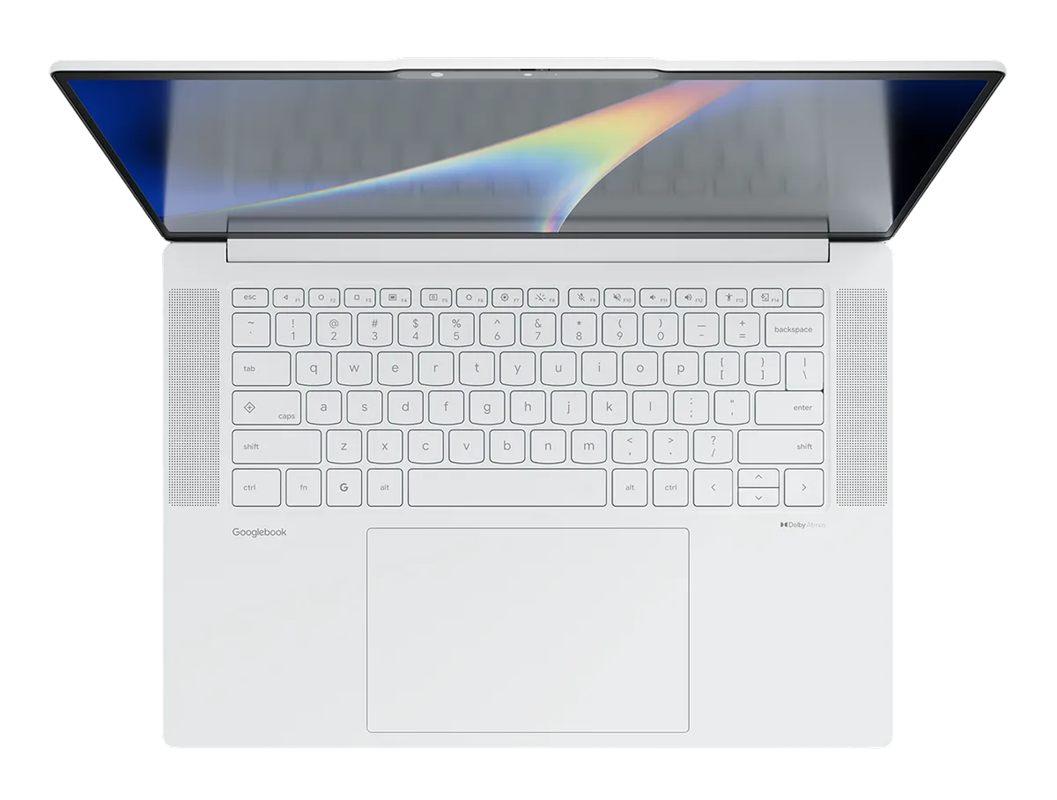 Le Lenovo Googlebook 15 blanc vu du dessus, clavier et pavé tactile