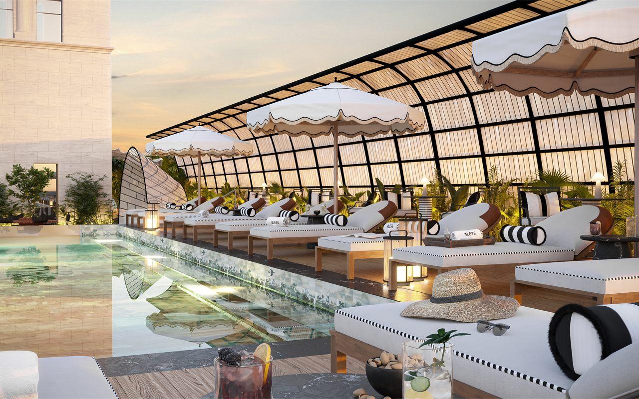 Les transats et l'arche du rooftop de BLESS Barcelona, dessinee comme une voliere