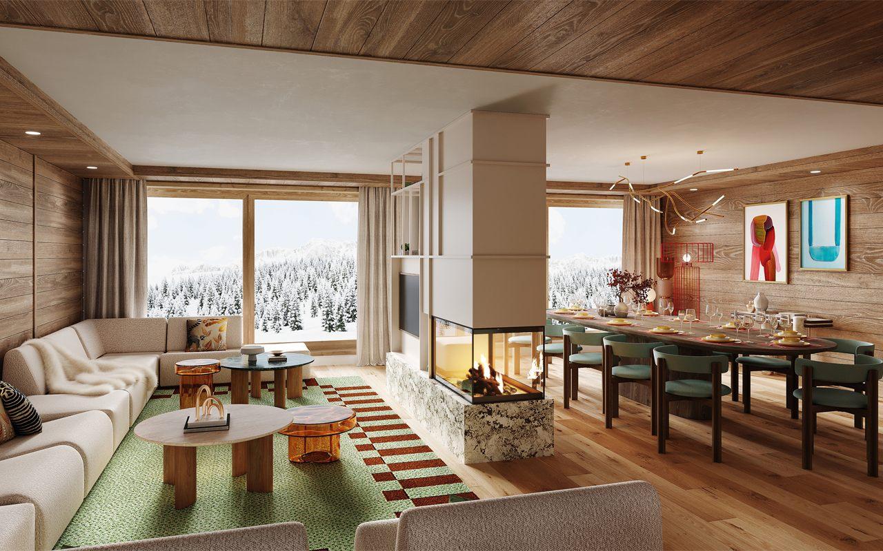 Séjour et grande table d'un appartement du Steamboat, cheminée et forêt enneigée
