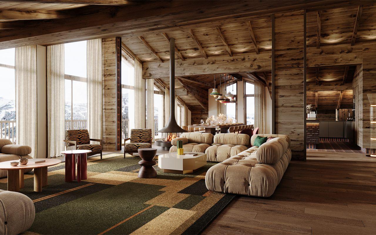 Salon d'un chalet du Sundance à Courchevel Moriond, cheminée centrale et vue sur les sommets