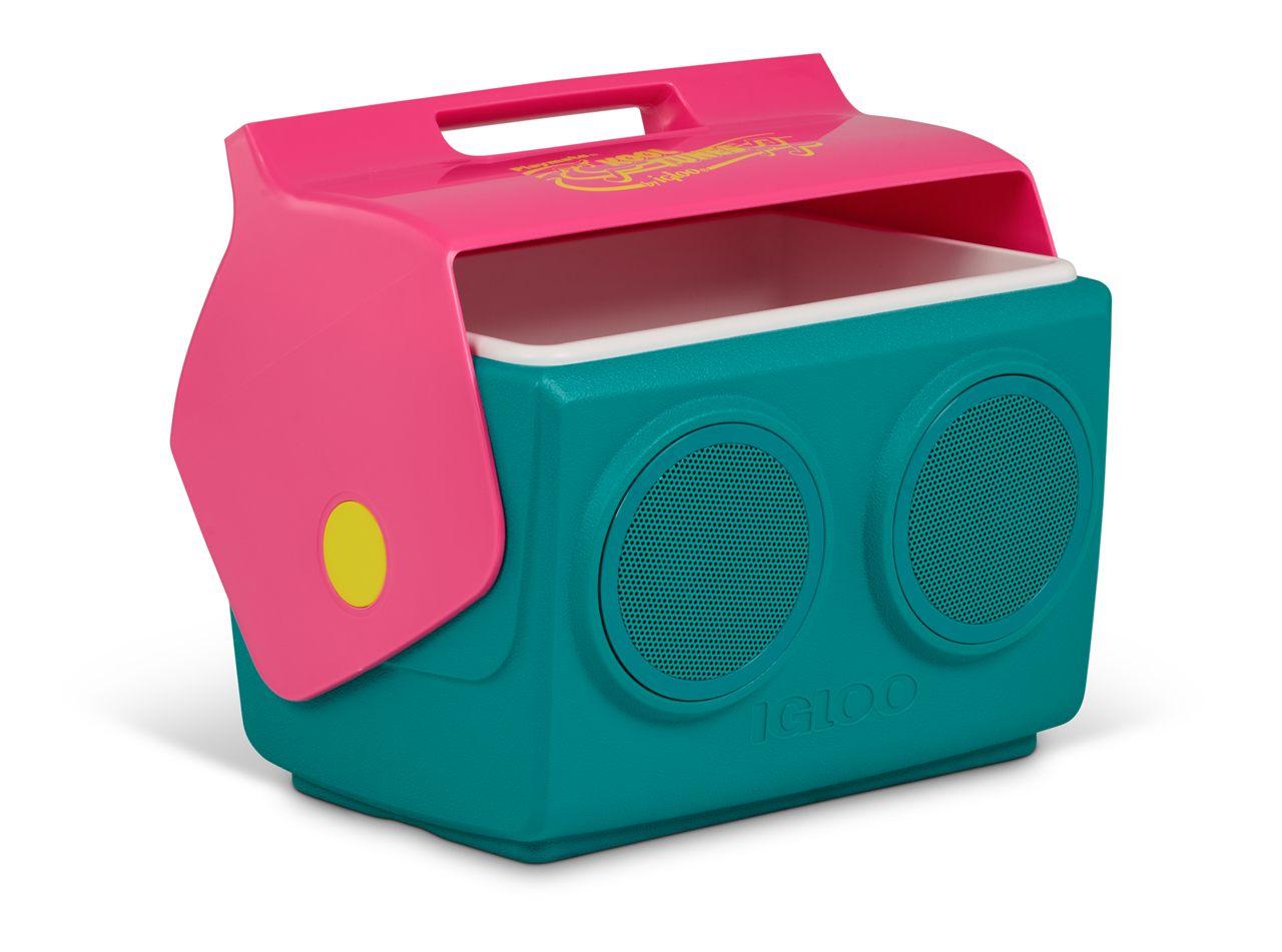 Glacière Igloo KoolTunes couvercle rose basculé vers l'arrière