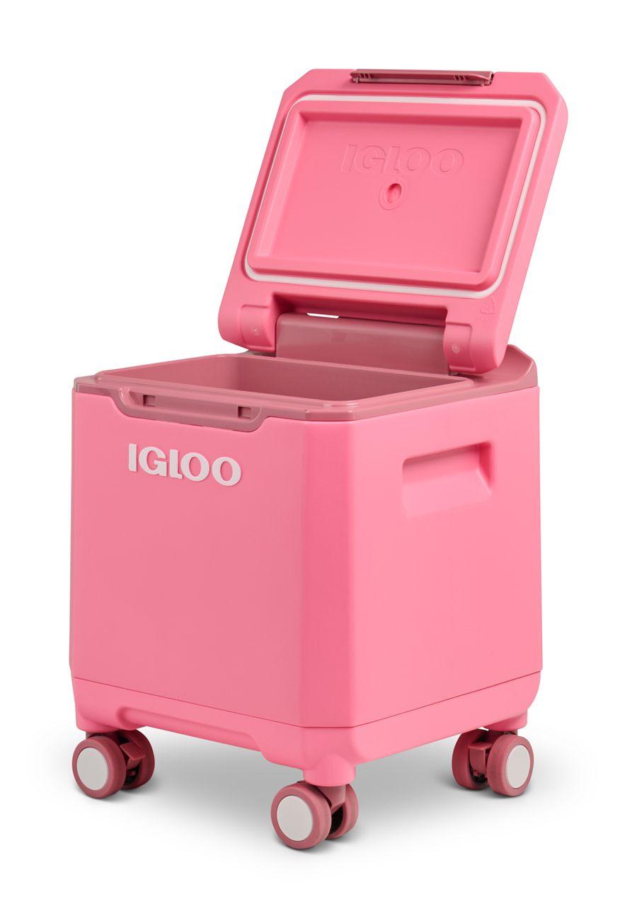 Igloo Tag Along Too 360 Spinner rose couvercle ouvert, les quatre roulettes pivotantes au premier plan
