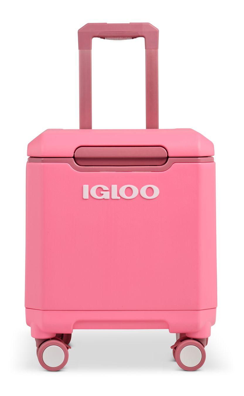 Glacière Igloo Tag Along Too 360 Spinner rose, poignée télescopique déployée et quatre roulettes