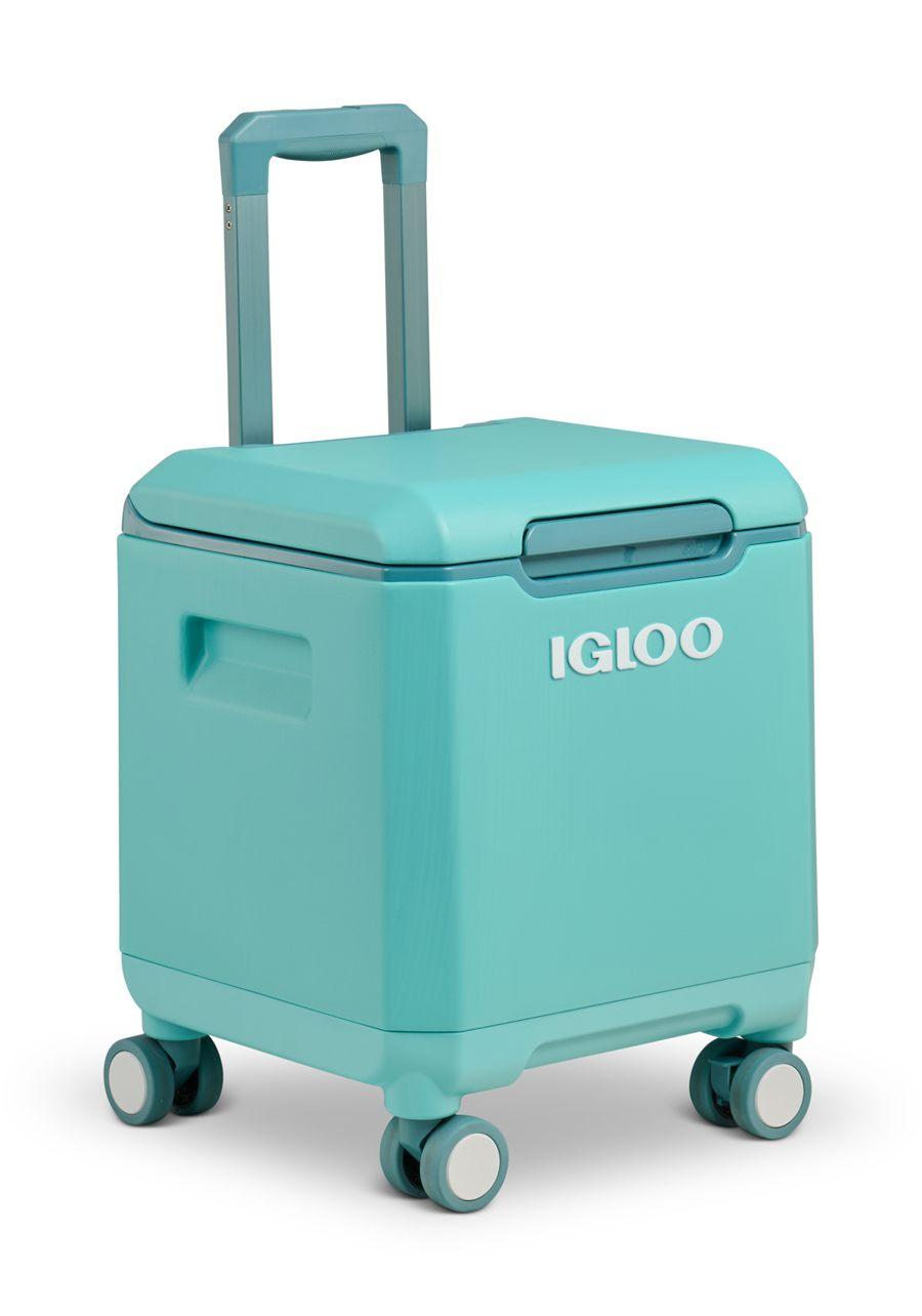 Glacière Igloo Tag Along Too 360 Spinner turquoise de trois quarts, poignée sortie