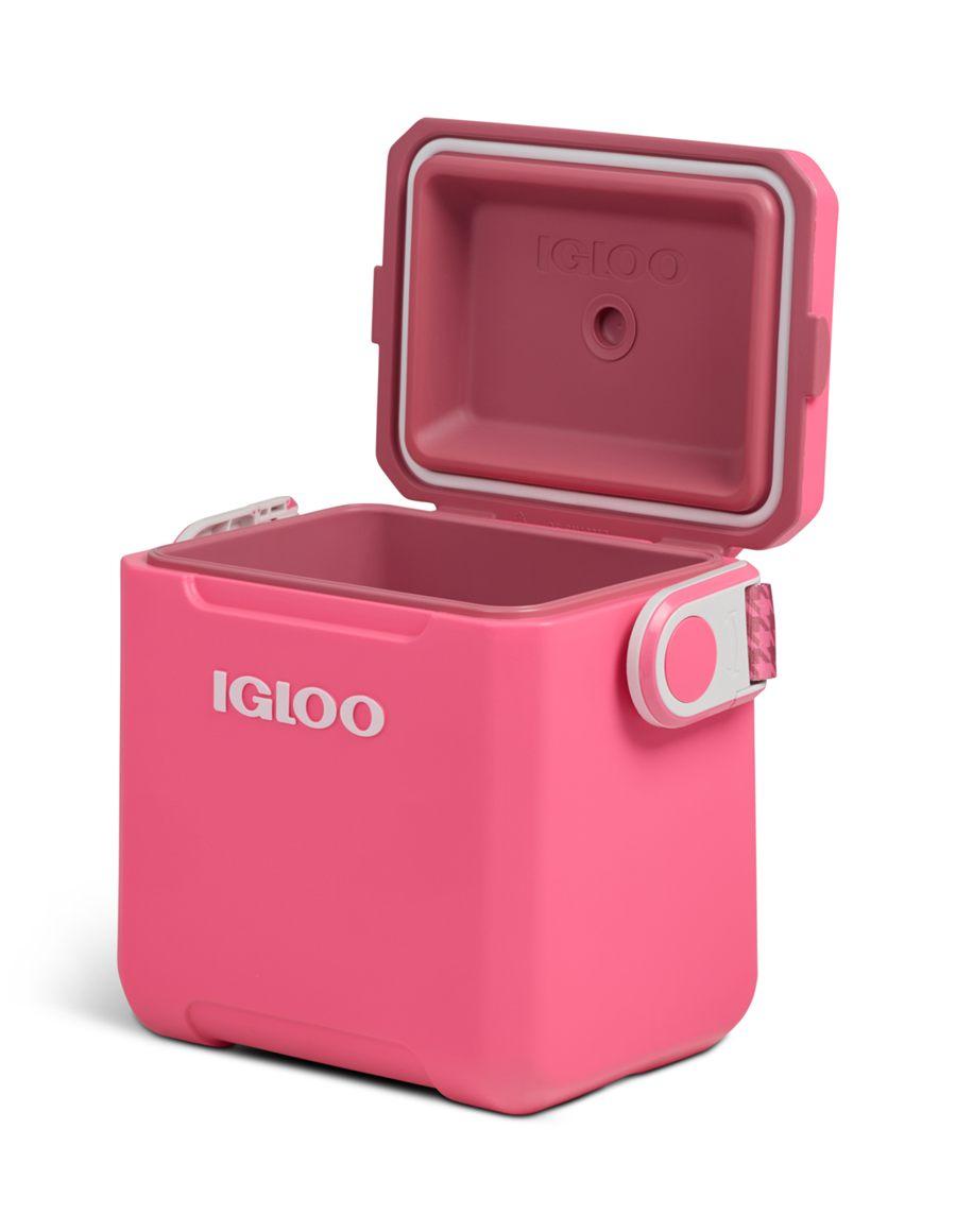 Glacière Igloo Tag Along Too Remix rose, couvercle relevé sur sa charnière à blocage
