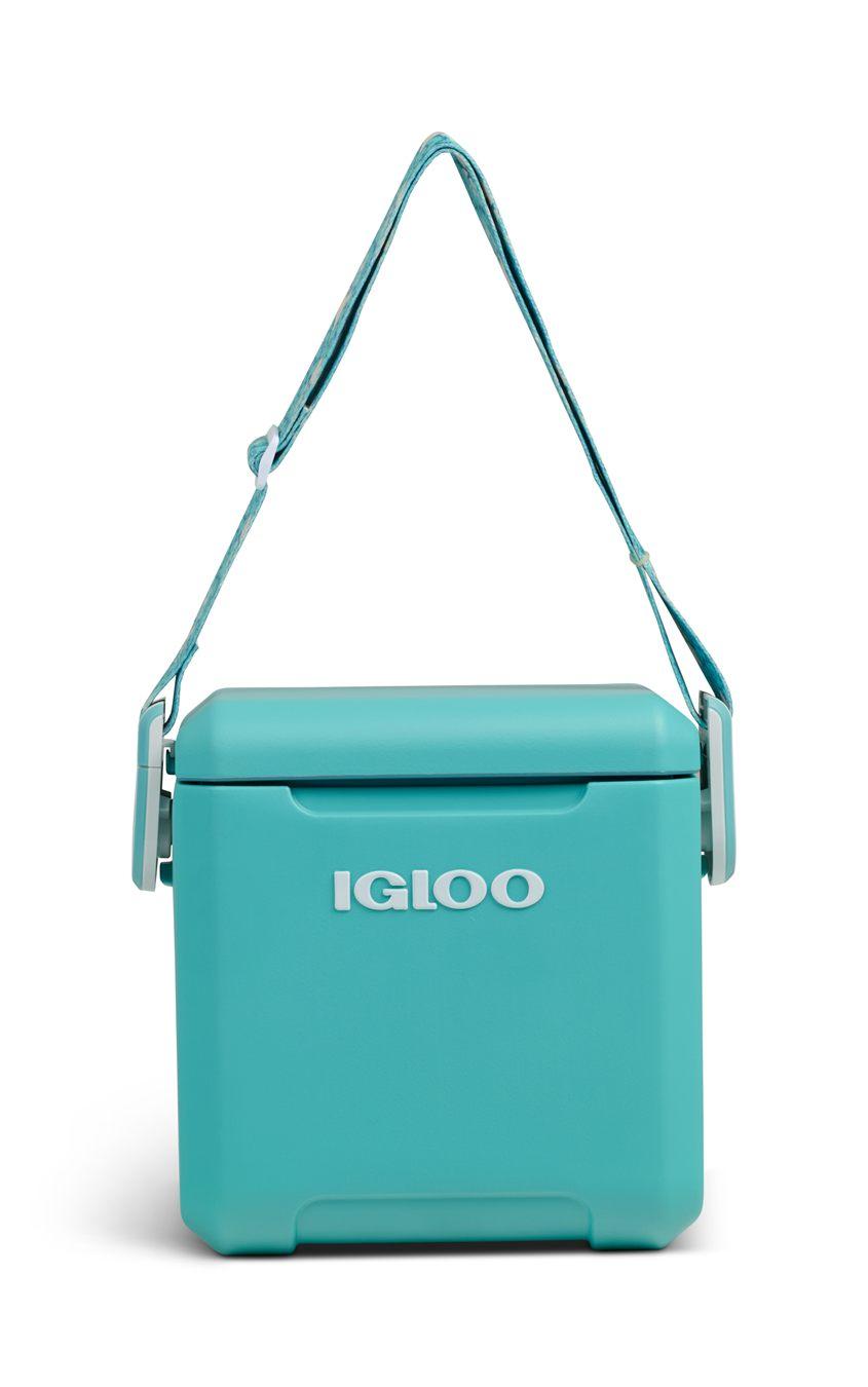 Glacière Igloo Tag Along Too Remix turquoise et sa sangle à porter en bandoulière