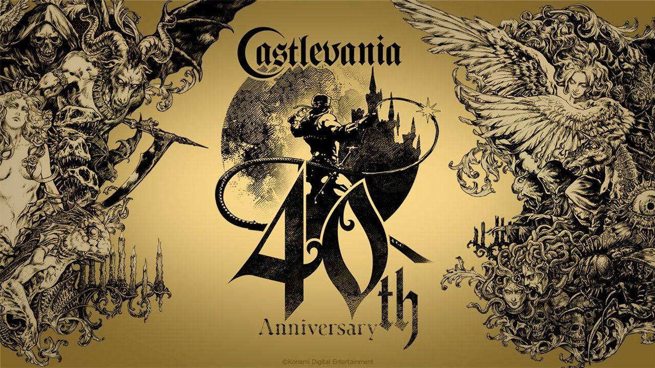 Illustration officielle des 40 ans de Castlevania, Simon Belmont et son fouet devant le château de Dracula
