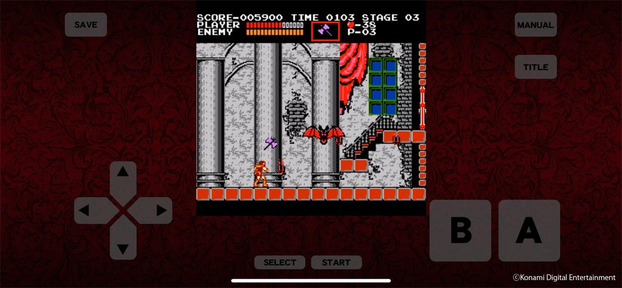 Simon Belmont face à la chauve-souris géante, premier boss de Castlevania