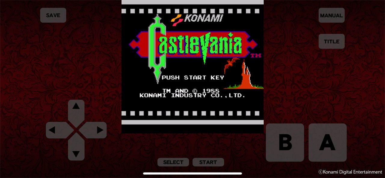 Castlevania gratuit sur smartphone, l'écran titre entouré des commandes tactiles et de la touche de sauvegarde