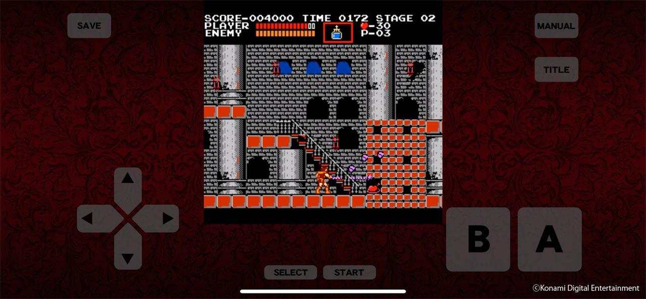 Simon Belmont au pied d'un escalier du château de Dracula, dans Castlevania sur smartphone