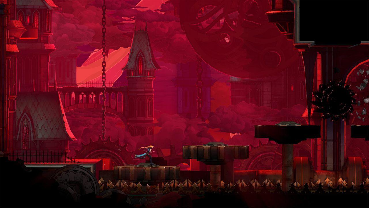 Des toits et des rouages sous un ciel rouge dans Castlevania: Belmont's Curse