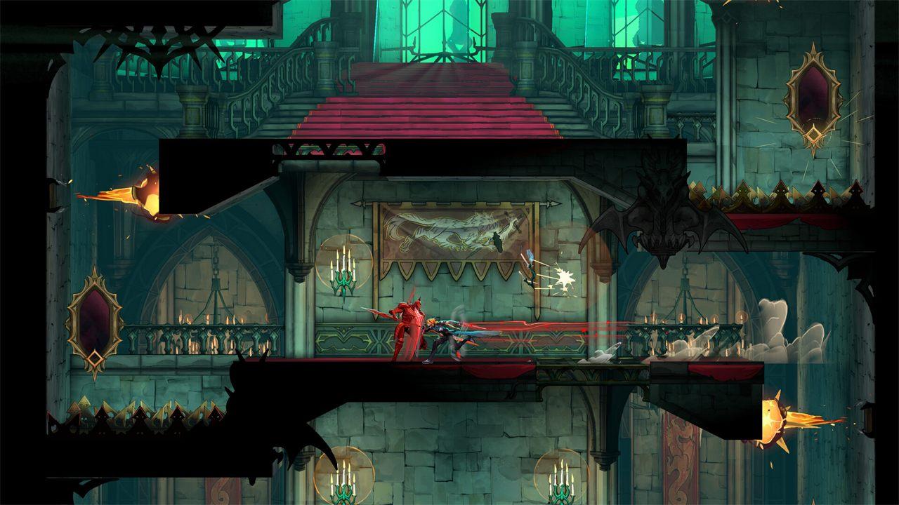 Une salle aux vitraux verts du château dans Castlevania: Belmont's Curse