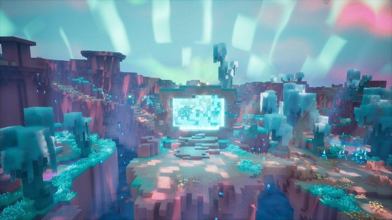 La Sift, nouvelle dimension Minecraft, avec son portail lumineux dans Minecraft Dungeons II