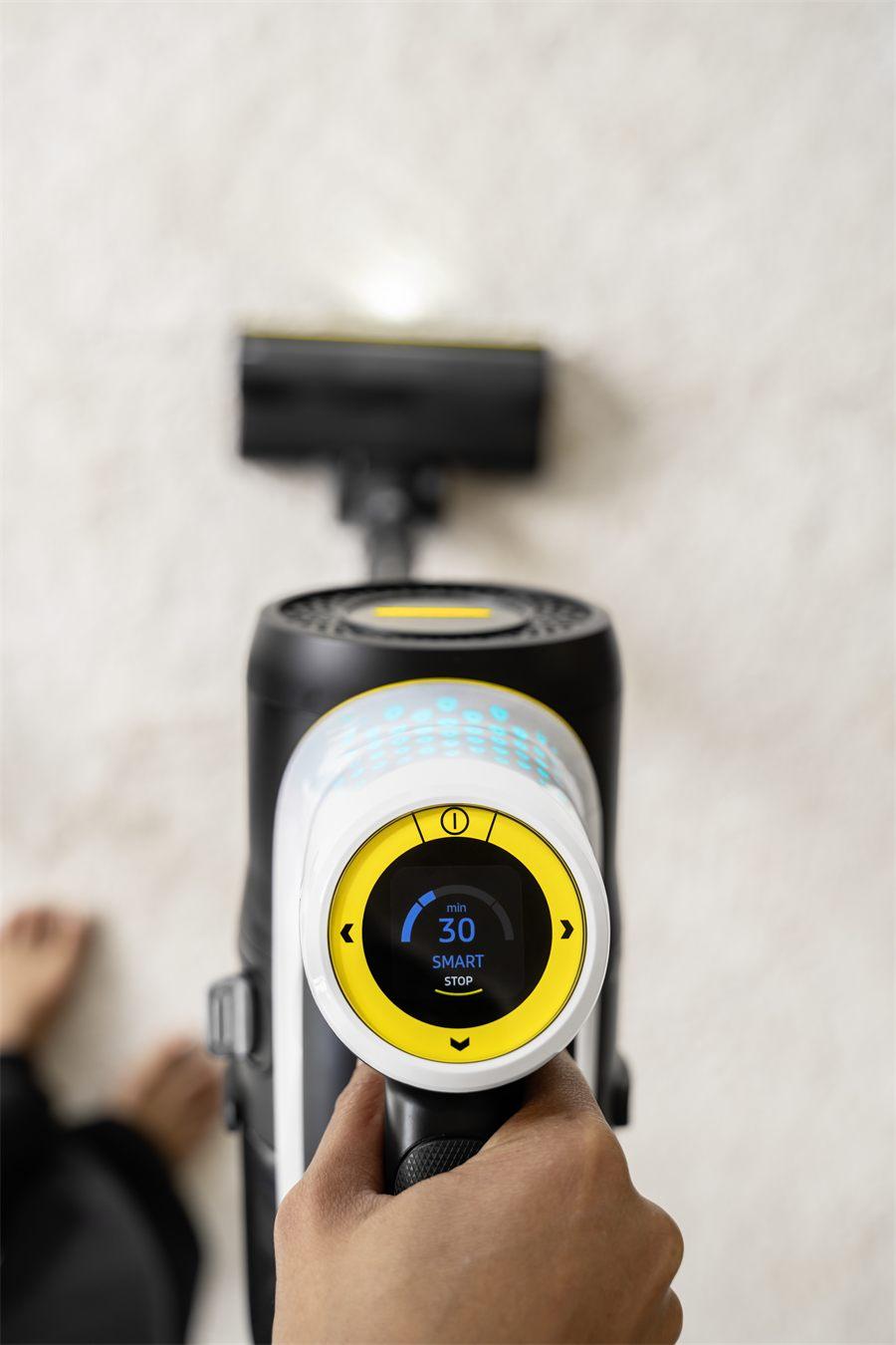 Écran rond du Kärcher VCS Infinity affichant le mode Smart et l'autonomie restante