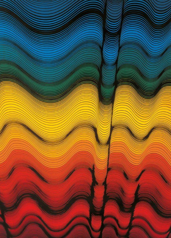 Affiche de Kazumasa Nagai aux ondes de couleur, reprise sur une étiquette Chichibu