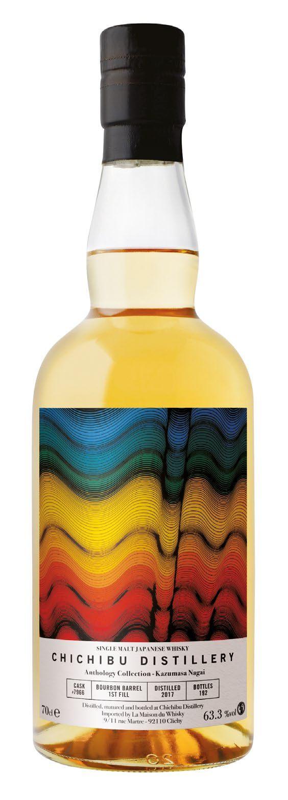 Flacon Chichibu 8 ans 2017 Bourbon Barrel, habillé d'une affiche de Kazumasa Nagai