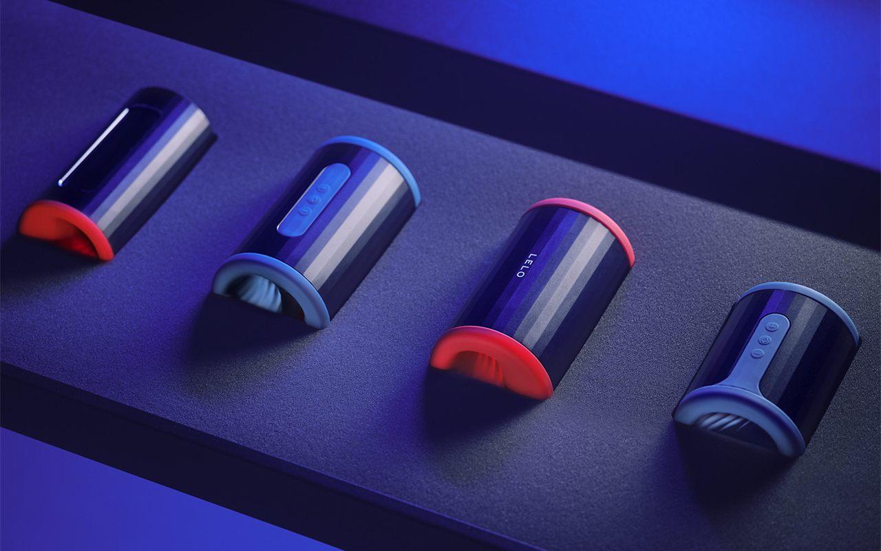 Quatre LELO F2S Double Sonic alignés, deux en rouge et deux en bleu-vert
