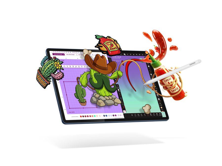 La Lenovo Yoga Tab Plus Gen 2 en Cosmic Blue, avec son stylet et son clavier