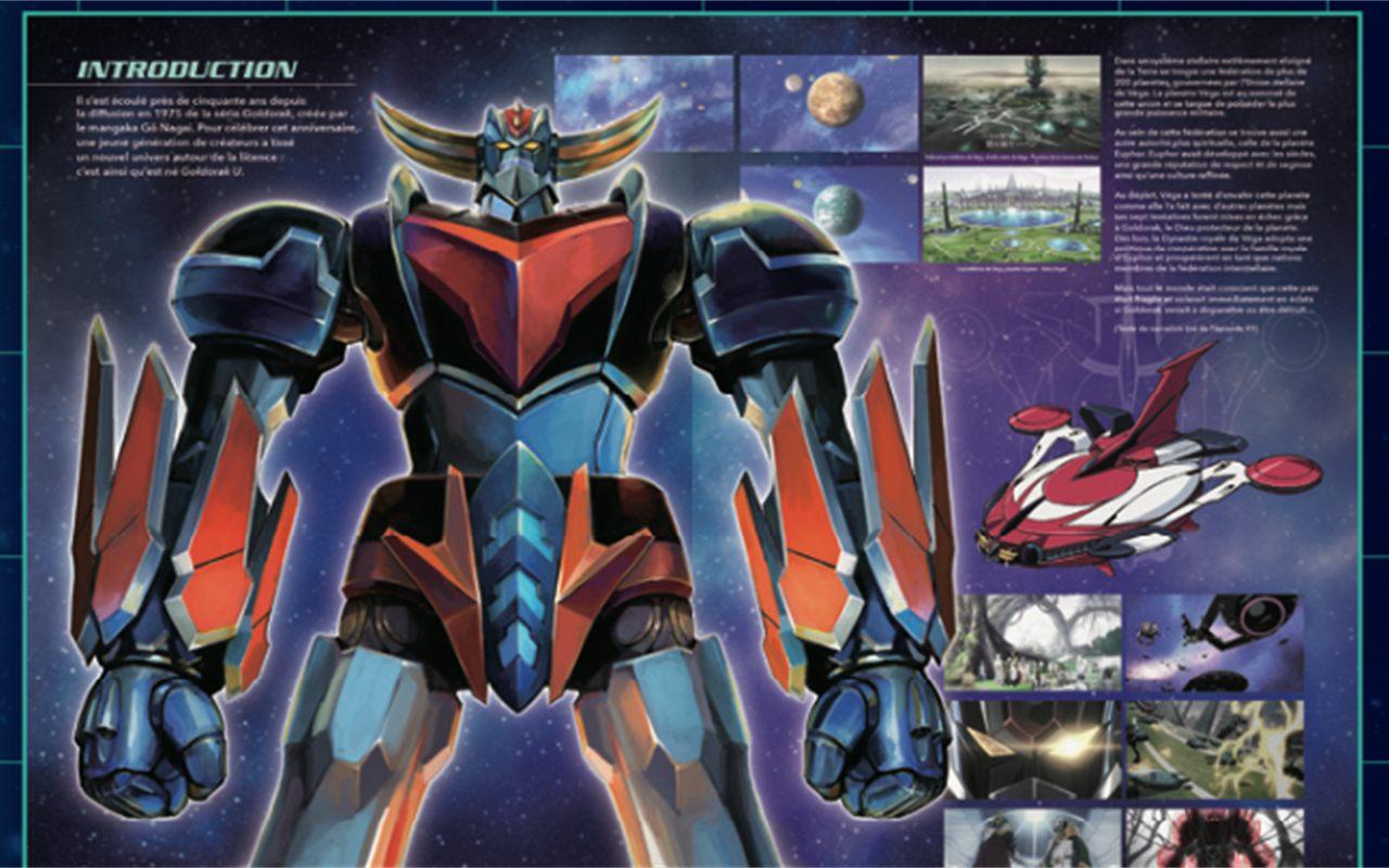 Double page d'introduction de Goldorak, La Bible officielle, avec le robot en pleine page