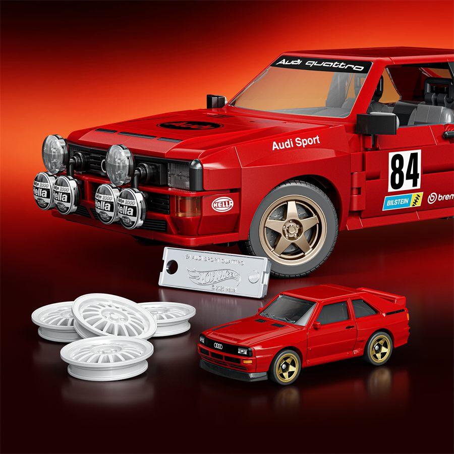 L'Audi Sport Quattro Mattel Brick Shop en livrée de rallye, dossard 84 et rampe de projecteurs Hella