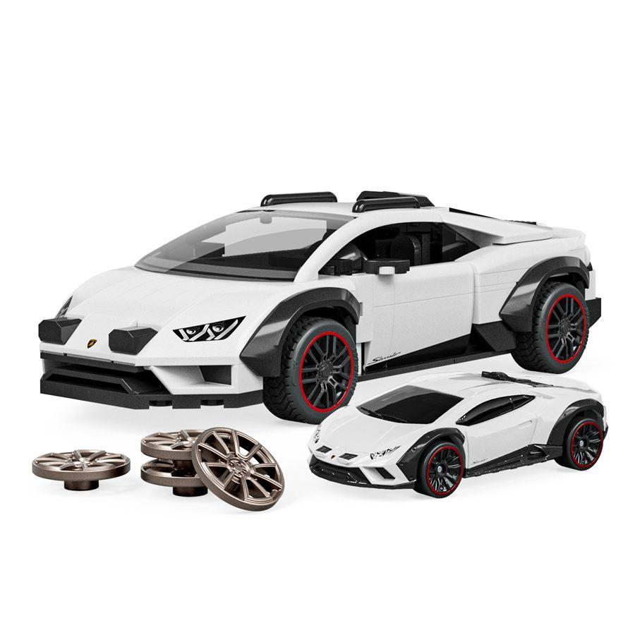 Le coffret Mattel Brick Shop Lamborghini Huracán Sterrato blanc et sa miniature