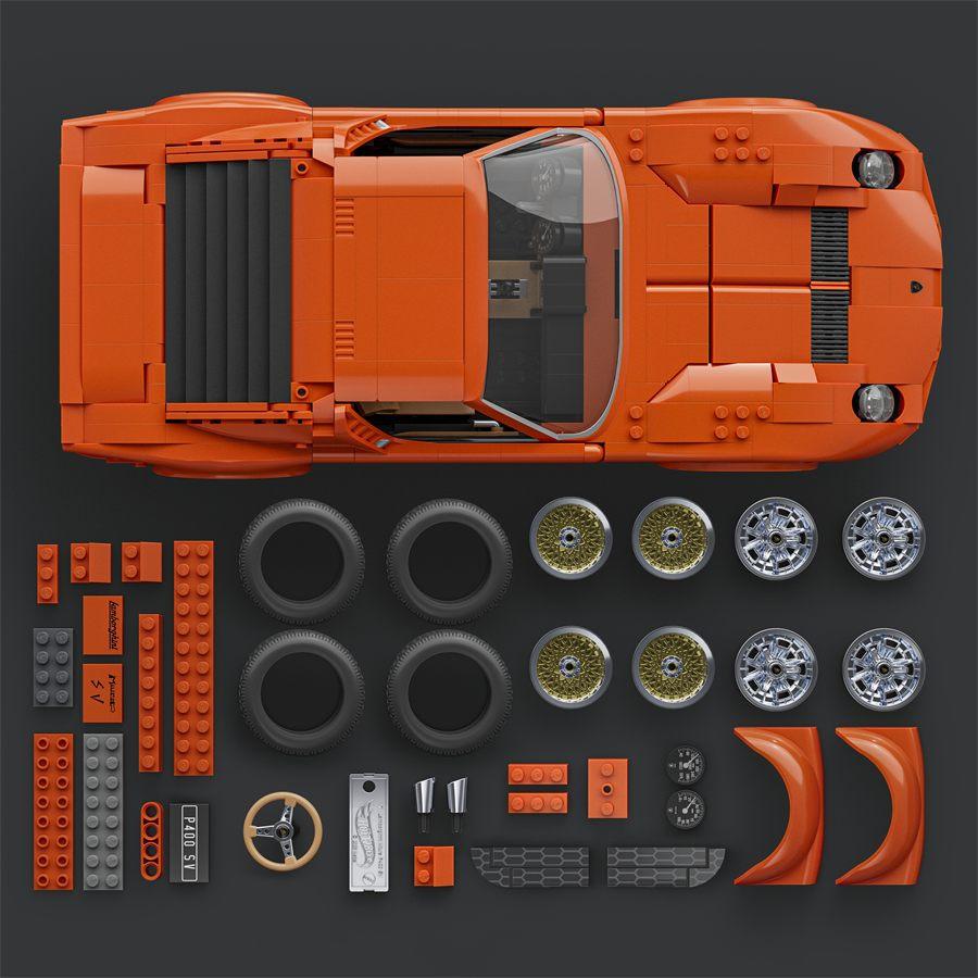 La Lamborghini Miura P400 SV Mattel Brick Shop vue de dessus, entourée de ses pièces et de ses jantes de rechange